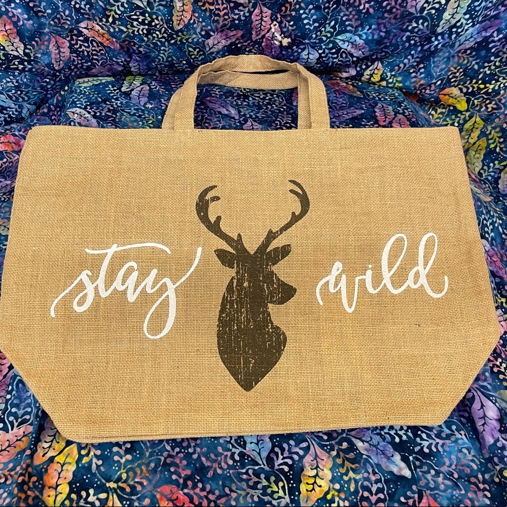 Olive & Hill “Stay Buck Wild” burlap jute bag Extra Large beach bag